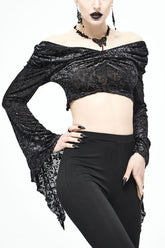 Chemise punk femme noire à manches longues en velours brûlé avec épaules dénudées